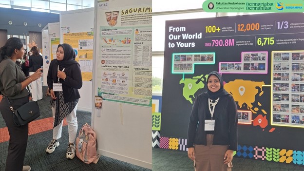 Caption foto: Nina Resti, S.Gz., M.Gz., mahasiswa Program Doktor Ilmu Kedokteran dan Kesehatan FK UNDIP, mempresentasikan karya ilmiahnya terkait inovasi mie kering tinggi protein berbasis sagu & ikan nila di acara Future Foods Congress 2025 di Singapura.
