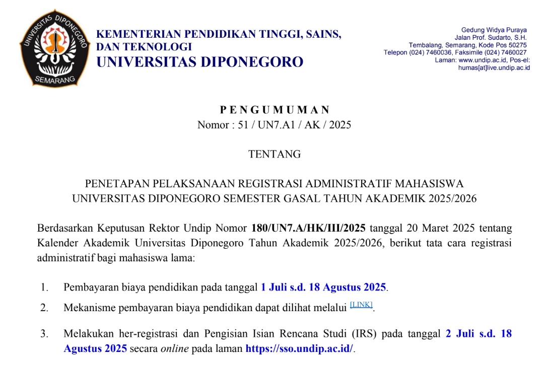 Alur registrasi administratif mahasiswa UNDIP semester gasal tahun akademik 2025/2026